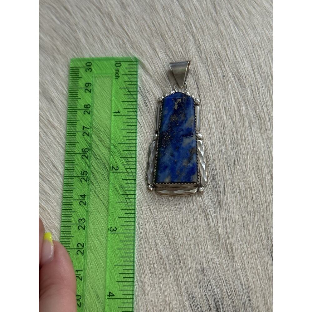 Zuni New Mexico Sterling Silver K. C. Signed Huge Lapis Lazuli Long Pendant - Picture 7 of 12